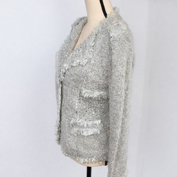 Soft light gray fringe trimmed fuzzy cardigan sweater with sequins by Monoreno S - Picture 6 of 9